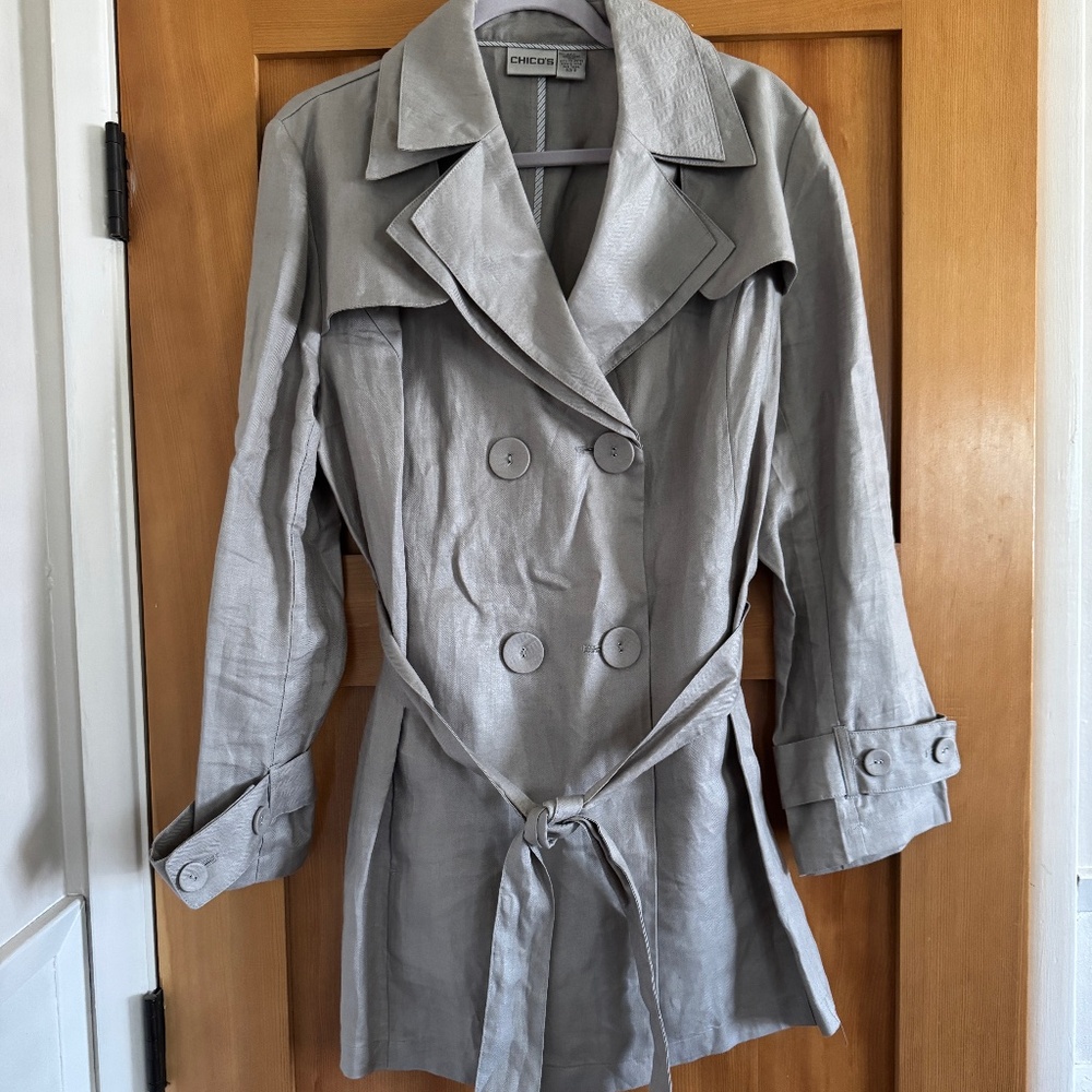 Chico's Double Collar Linen Trench Coat Size 12 Beige/Ash